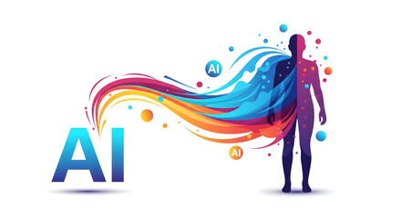 AI powering connection and communication, visualizing the future of technology with vibrant messaging icons and a human figure in a digital network on isolated white background.