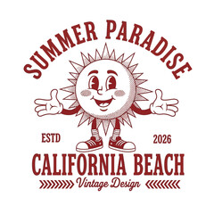 A cheerful vintage-style cartoon sun mascot with a big smile and open arms, perfect for a retro summer beach design concept
