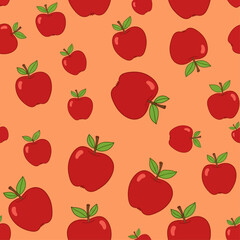 Vibrant seamless pattern with cute cartoon red apples and green leaves. A simple flat vector fruit illustration on an orange background