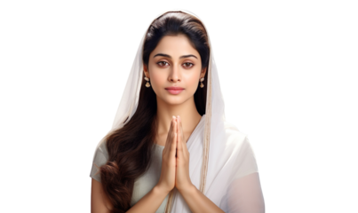 Indian pretty woman in saree in prayer pose or welcoming guests on a transparent background