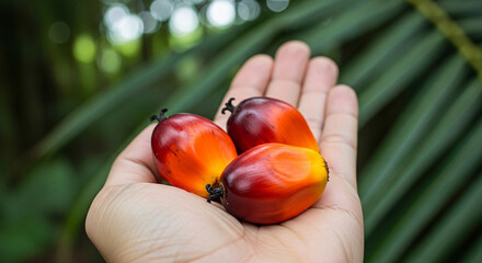 Holding Fresh Fruits in Hand with Green Palm Leaves Background