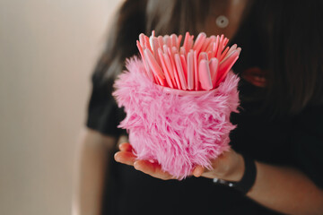 Bright Pink Fluffy Holder with pink eyebrow razors