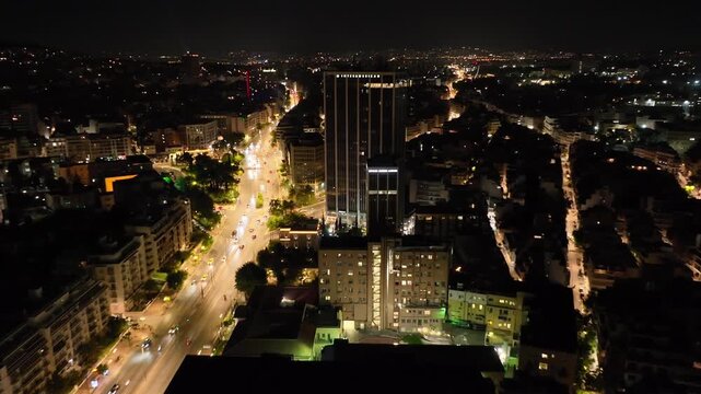 Aerial drone cinematic video of famous Tower of Athens skyscraper, tallest building in Athens as of 2025, measuring 103 meters in height, Attica, Greece
