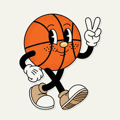 Happy basketball cartoon character in a vintage groovy style, walking and showing a peace gesture. A fun sports mascot vector illustration