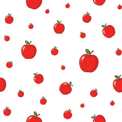 A fresh and fruity seamless pattern featuring scattered cartoon red apples with green leaves on a clean white background