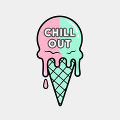 Vector illustration of a melting pink and turquoise ice cream cone with a 'Chill Out' slogan. A cool summer dessert graphic