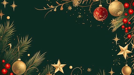 Christmas-themed background, adorned with golden stars, green and red decorations, an ideal vector template for greeting cards, posters, or banners, also suitable for New Year illustrations.