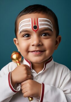 Bal Yama child portrait with tilak and toy danda - young boy in white kurta with maroon trim, holding small staff, teal background, soft studio lighting, modern cultural editorial photo