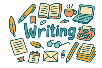 Creative Writing Elements. Writing. Hand-drawn doodle illustration of Writing. pen, notebook, laptop, coffee
