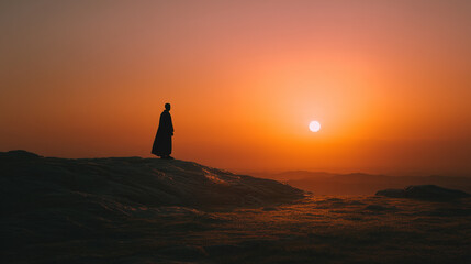 Silhouette of jesus christ in cloak standing on rocky hill at sunset light