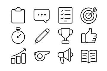 Coaching Feedback Icons. Coaching Feedback. Line outline icon set of Coaching Feedback: clipboard, speech