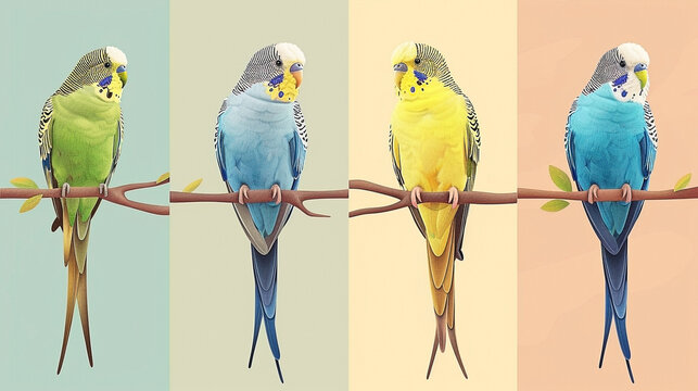 Four budgies of different plumages perched on branch, vibrant spectrum parakeets art