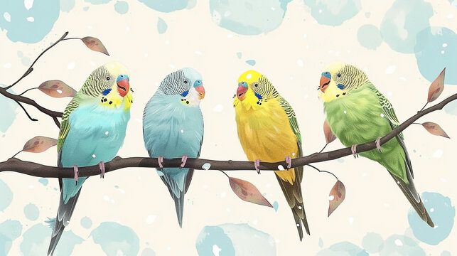 Watercolor portrayal of four perched budgerigars presenting a vibrant avian tableau