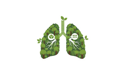 Lungs depicted as a forest with green trees, symbolizing healthy breathing and environmental awareness, with speech bubbles promoting eco health.