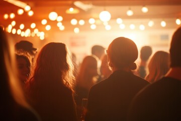 Energetic Gathering: A dynamic gathering of individuals illuminated by warm, inviting lights, creating a vibrant atmosphere of social interaction.