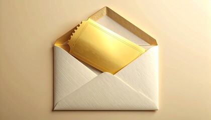 An elegant cream-colored envelope opened to reveal a shimmering blank golden ticket, symbolizing a special invitation, exclusive access, or a winning opportunity