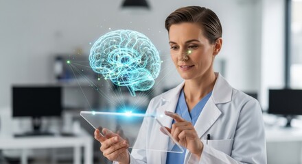 Scientist examines glowing holographic brain model while using a tablet in a modern laboratory.