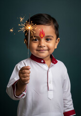 Boy holding sparkler in white kurta with maroon trim, red flame tilak on forehead, celebrating festival against dark teal background