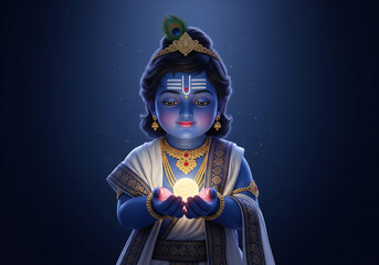 Bal Vishnu holding a glowing orb, blue-skinned child deity with Vaishnava tilak, conch pendant, white and gold blue attire, against a deep indigo background with soft cinematic lighting