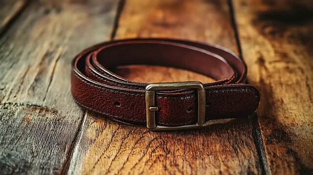 Rolled leather accessory with metal buckle rests on wooden planks.