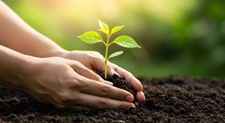 Hands planting small seedling in dark soil with natural sunlight — environmental care and green sustainability concept