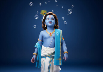 Bal Vishnu child figure gazing upward with floating soap bubbles, wearing white dhoti and blue sash, peacock feather, conch pendant, on navy blue seamless background under soft even lighting