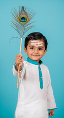 Boy dressed as Bal Kartikeya holding a peacock feather wand, wearing white kurta with teal collar and vibhuti marks, standing against cyan studio background in soft even lighting