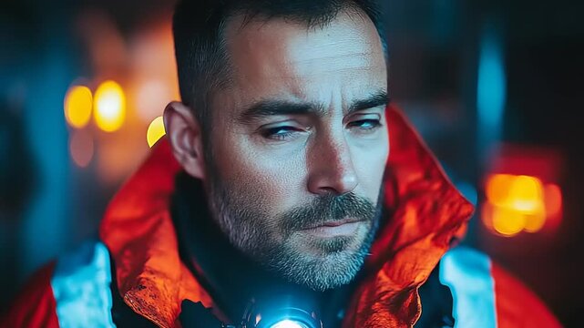 Close up of a determined paramedic in uniform at night.