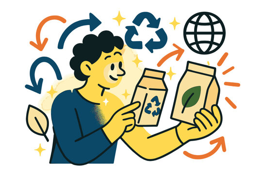 Eco-Conscious Character. Consumer awareness. A glowing character reading labels on eco-friendly packages, with