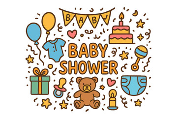 Fototapeta premium Colorful Baby Shower Doodles. Baby Shower. Hand-drawn doodle illustration of Baby Shower. balloons, cake, gift