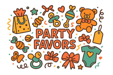 Fototapeta premium Colorful Party Favors. Party Favors. Hand-drawn doodle illustration of Party Favors. gift bag, candy, pacifier