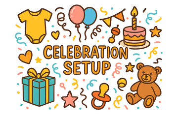 Naklejka premium Celebration Doodle Setup. Celebration Setup. Hand-drawn doodle illustration of Celebration Setup. balloons,