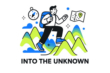 Exploring Abstract Mountains. Exploring remote and undiscovered landscapes. Character hiking glowing abstract