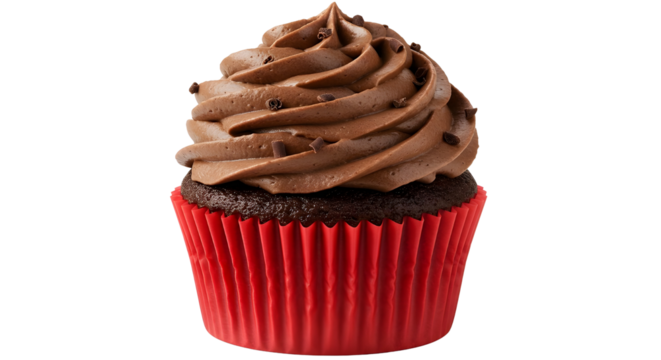 Delicious chocolate cupcake with creamy frosting and sprinkles in a bright red wrapper isolated PNG with Transparent Background