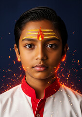 Bal Agni portrait of a boy with flame shaped tilak and glowing embers, wearing white attire with crimson collar on dark indigo background