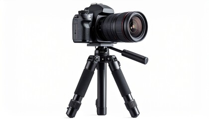 Capturing the perfect shot with a professional photography camera and lens securely mounted on a stable tripod against a white studio background