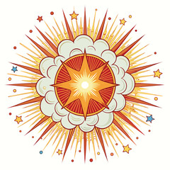 A stylized explosion with stars and dots on a white background.