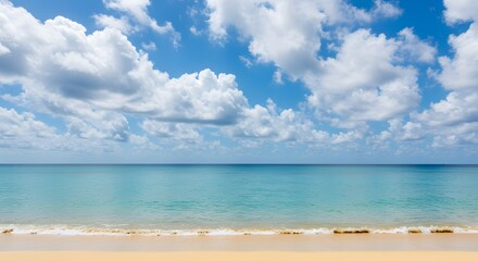 Tropical beach with turquoise sea, golden sand, and blue sky under sunlight — summer vacation paradise landscape