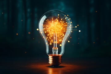 A captivating image showcases a light bulb illuminating with a burst of golden light, symbolizing innovation, creativity, and the spark of new ideas against a dark, mysterious backdrop