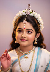 Bal Saraswati child goddess in white and blue saree with pearl jewelry and veena hair ornament, floral garland, gentle pose, lilac studio background, soft lighting
