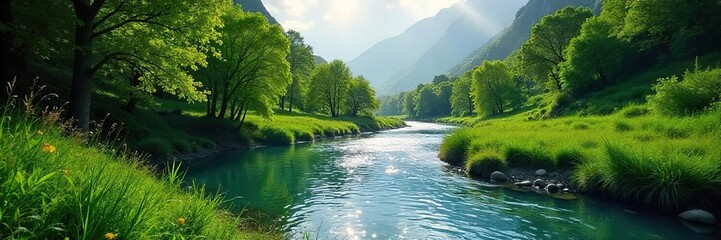 Obraz premium Serene River Meandering Through Lush Green Valley Sunlight Dapples Tranquil Water, Peaceful Nature Scene Ideal for Travel and Environmental Projects