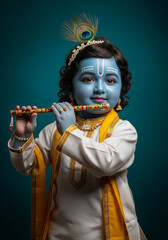 Bal Krishna child portrait in traditional attire with flute and peacock feather crown, sky blue skin, white kurta with yellow trim, teal studio background