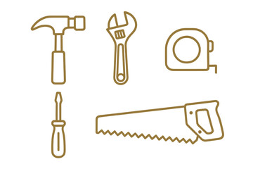Essential construction and repair tools set featuring hammer, wrench, saw, screwdriver, and tape measure