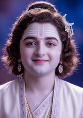 Bal Chandra child deity portrait with crescent moon tilak, silver hair ornament, white and lilac robe, soft curls, and indigo background