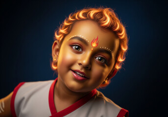 Bal Agni child close up portrait with flame mark, golden bronze skin, fiery hair highlights, white and crimson outfit, midnight blue background, soft light and clear catchlights