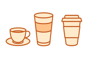 Set of three different coffee containers: ceramic cup, reusable tumbler, and disposable paper cup