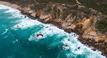 Aerial view of rocky coastline and turquoise sea water — nature landscape and ocean travel photography