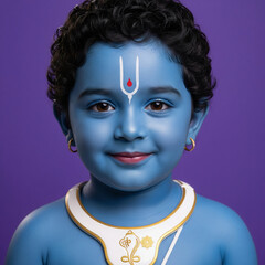 Bal Vishnu child deity portrait with Vaishnava tilak, gold trim white pendant featuring shankha and chakra symbols, blue skin, and royal purple background under soft studio lighting
