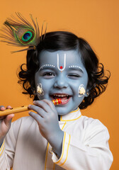 Child dressed as Krishna playing flute, blue painted skin, peacock feather in hair, white kurta with yellow trim, winking and smiling in studio on orange background