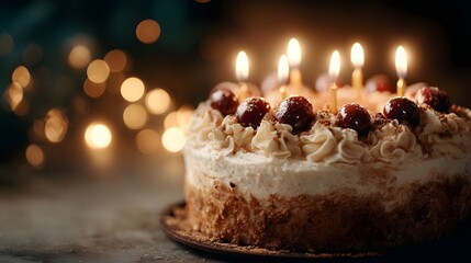 Festive birthday cake with lit candles and cherry toppings set against a warm bokeh background